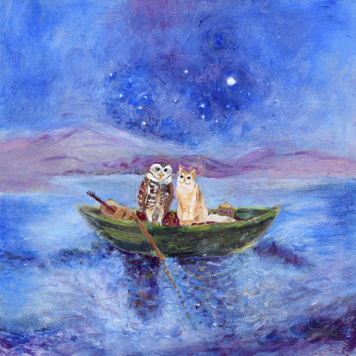The Owl and the Pussycat greeting card is inspired by the Edward Lear  nursery rhyme and is a painting of the owl and the pussycat as they set sail to be married under the moonlight. This  romantic greeting card makes a perfect card for a wedding, Valentine's day or as  an anniversary card