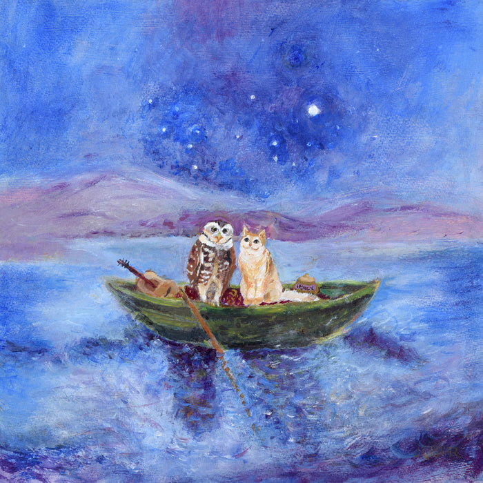 The Owl and the Pussycat greeting card is inspired by the Edward Lear  nursery rhyme and is a painting of the owl and the pussycat as they set sail to be married under the moonlight. This  romantic greeting card makes a perfect card for a wedding, Valentine's day or as  an anniversary card