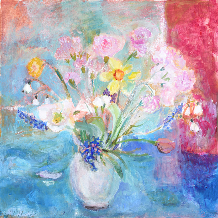 A Beautiful card of a painting of flowers in a vase. A spring card perfect as a card for Mum or any occasion.