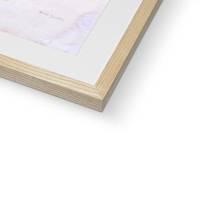 A close up of a botanical framed and mounted print by Judi Glover Art showing the wooden frame around a  framed print. The framed art is made from FSC wood.