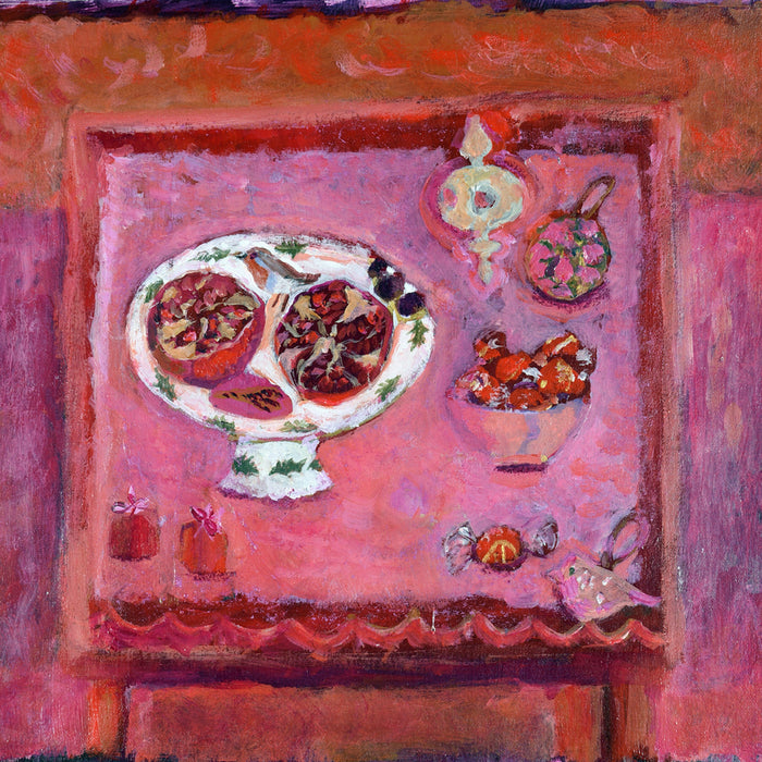 A set of 6 fine art Christmas cards of Christmas treats on a table including Chocolates, pomegranates and Christmas baubles