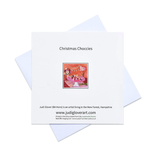Unique christmas cards from www.judigloverart.com showing chocolates on a dessert plate surrounded by flowers. The art christmas cards are from a painting with red and pink colours.