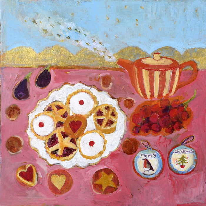 Painting of a festive scene with pies, berries, a teapot, and Christmas ornaments on a pink background.