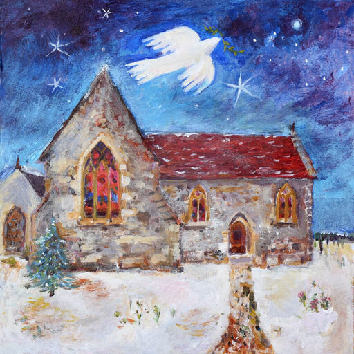 A Christmas Card of a painting of a large dove flying over a little church.