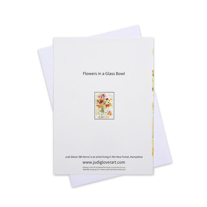 A fine art greeting card made from an original watercolour painting of flowers in a glass vase. This special greeting card is made in the uk by www.judigloverart.com