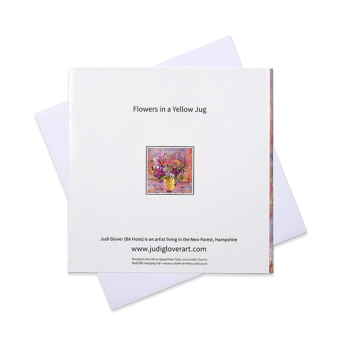A  jolly flower card of a large bunch of blooms in a beautiful yellow jug. Ideal as a card for mum or as a card for all lovers of flowers. This greeting is made in the UK by www.judigloverart.com and is blank inside for your own message