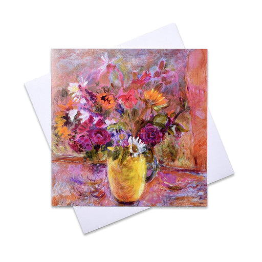 A greeting card made from a painting of roses, sunflowers and daisies. The flower card is bright in colour and would make a lovely card for mum