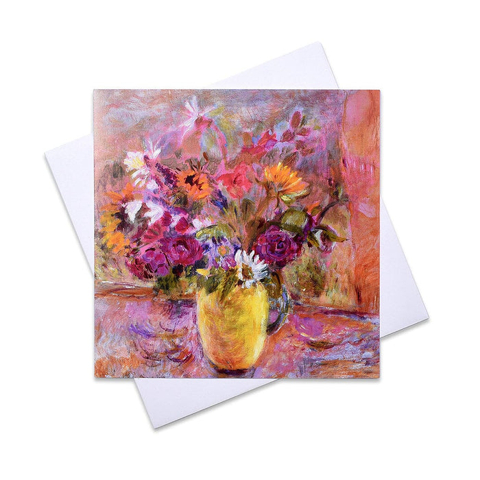 A greeting card made from a painting of roses, sunflowers and daisies. The flower card is bright in colour and would make a lovely card for mum