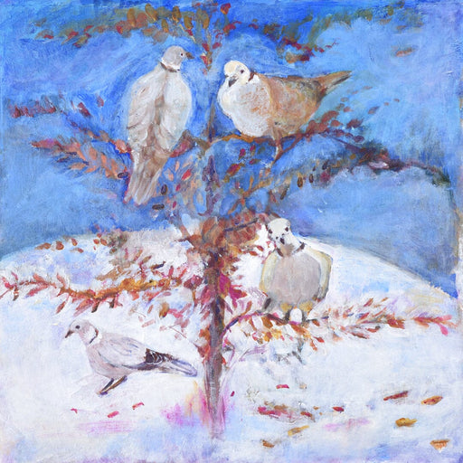 A pack of Christmas cards of a painting of 4 calling  birds in a tree.