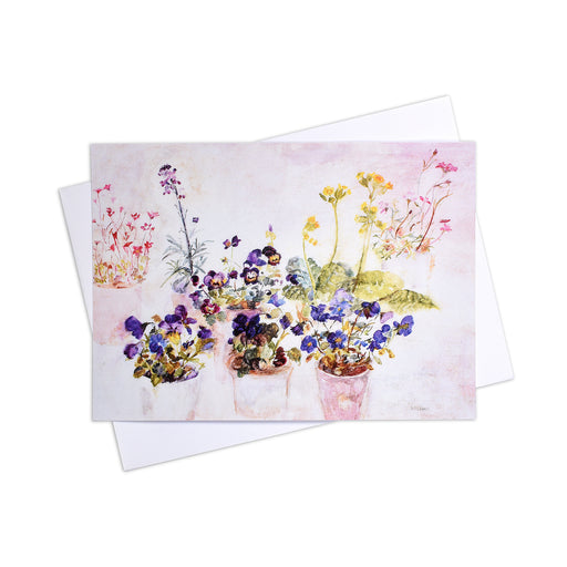 A watercolour flowers greeting card of beautiful garden flowers in flowerpots full of pansies, cowslips and saxifrage  This blank card is a perfect birthday card for a gardener or perhaps a birthday card for Mum. Made from a painting of early summer flowers.