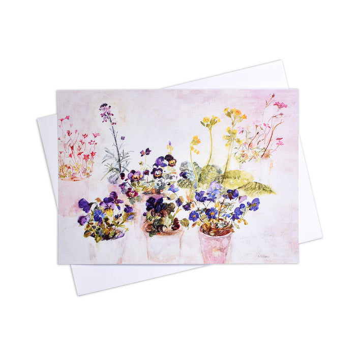 A watercolour flowers greeting card of beautiful garden flowers in flowerpots full of pansies, cowslips and saxifrage This blank card is a perfect birthday card for a gardener or perhaps a birthday card for Mum. Made from a painting of early summer flowers.