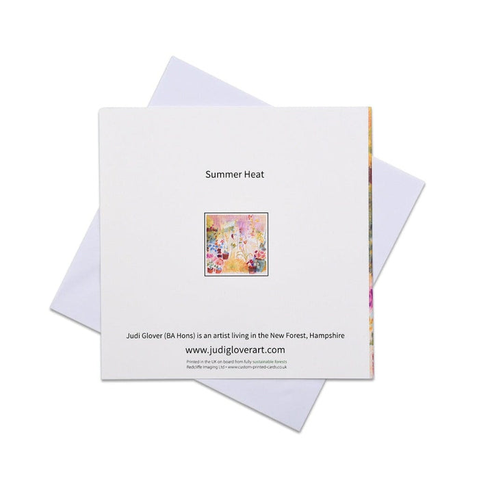 This floral card shows flowers in the garden while in summer along a garden path. The original art card is 6 inches x 6 inches. Each greeting card includes envelopes.