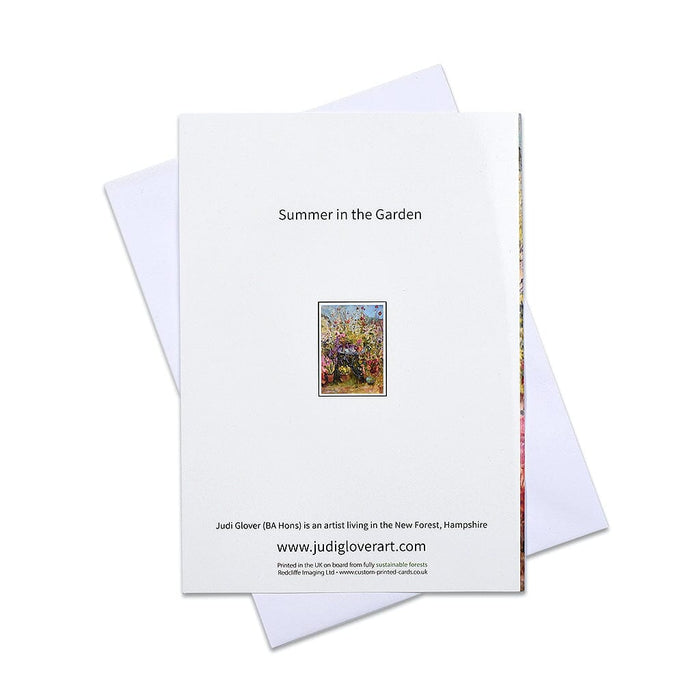 A beautiful card of summer in the garden.  This colourful greeting card is full of summer flowers