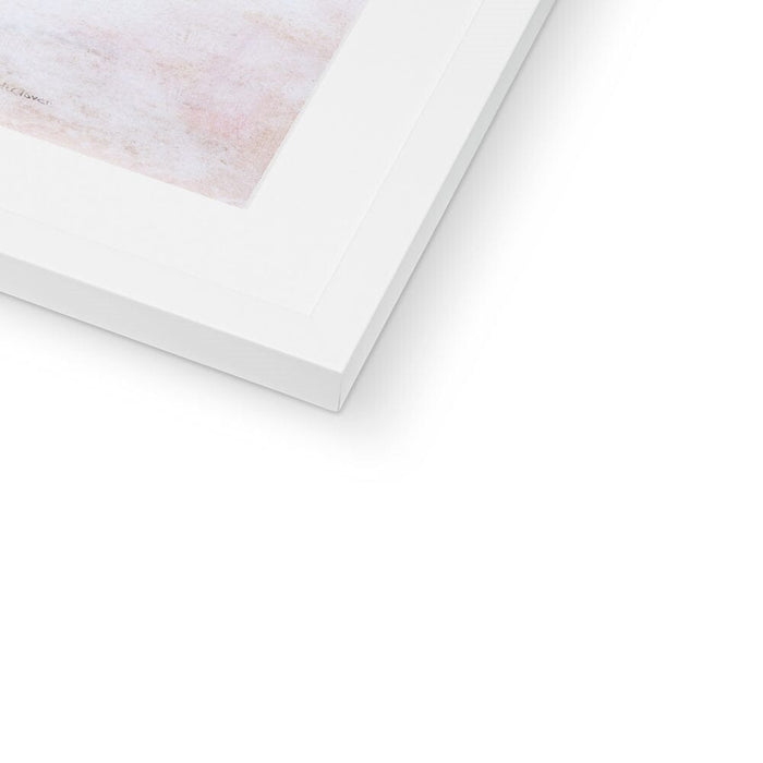 A corner of a botanical print with a white mount and white wooden frame. This framed wall art would make an ideal choice as a print for a kitchen