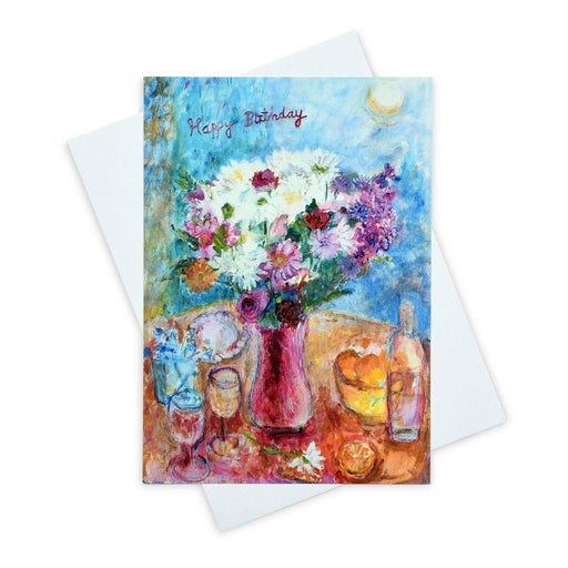 Birthday flowers card with a colourful fine art painting of flowers by Judi Glover Art. The art birthday card is 7" x 5" and blank inside with envelopes
