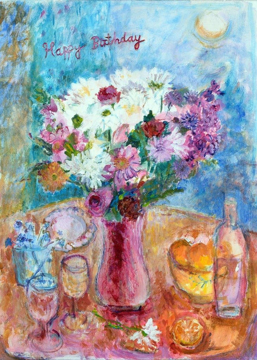 Beautiful birthday card with birthday flowers from an artistic painting available online at Judi Glover Art. The art birthday card shows a vase of flowers on a table with happy birthday written on the card, it is blank inside and provided with envelopes