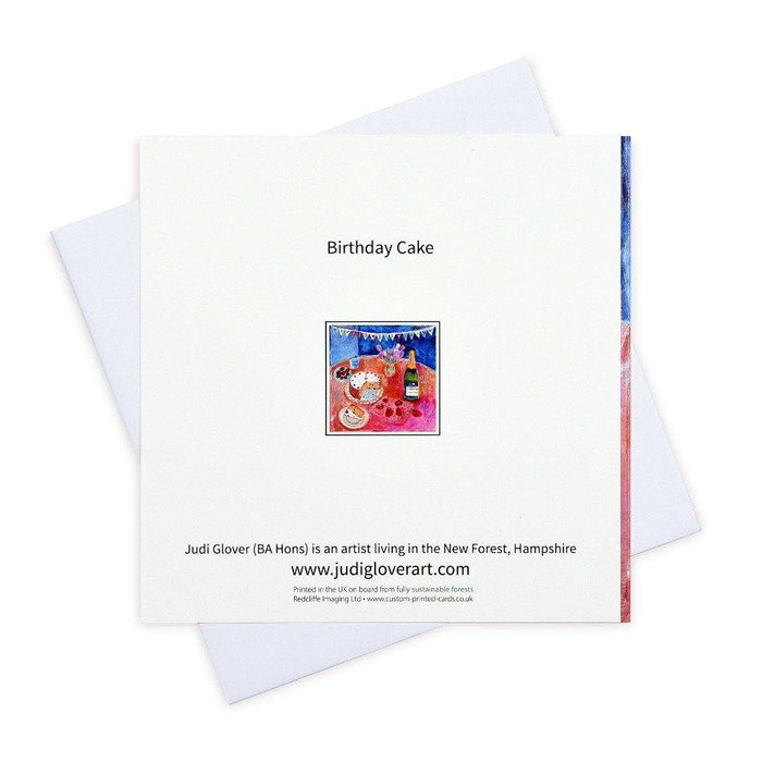 Art birthday card available online at Judi Glover Art. This birthday cake card shows cake,champagne and strawberries and is blank measuring 6" x 6" with envelopes