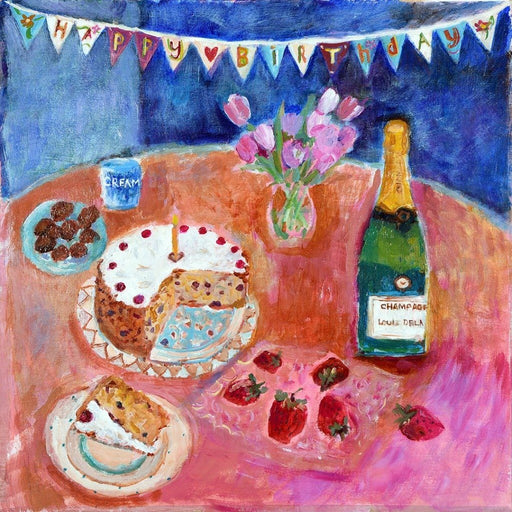 Art birthday card with a painting of birthday cake and champagne available online at Judi Glover Art. The birthday cake card is 6" x 6" and blank inside with envelopes