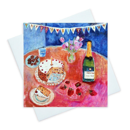 Art birthday card of a fine art painting of birthday cake, champagne and chocolates by Judi Glover Art. Each art birthday card is blank inside, measures 6 x 6 and is provided with an envelope