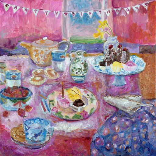 Birthday Party Card by Judi Glover Art. The arty birthday card shows cakes on a table for a birthday celebration.  A fun birthday greeting card with all the joy of  the occasion.
