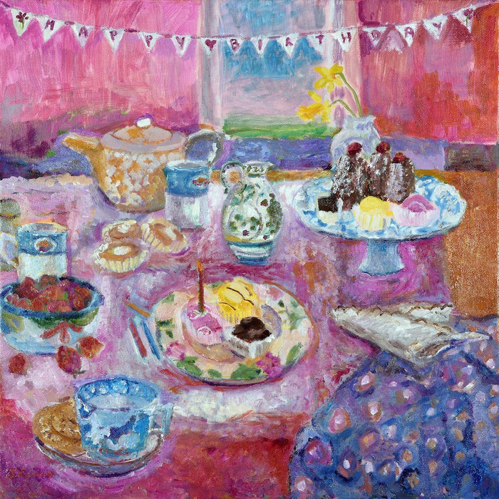 Birthday Party Card by Judi Glover Art. The arty birthday card shows cakes on a table for a birthday celebration.  A fun birthday greeting card with all the joy of  the occasion.