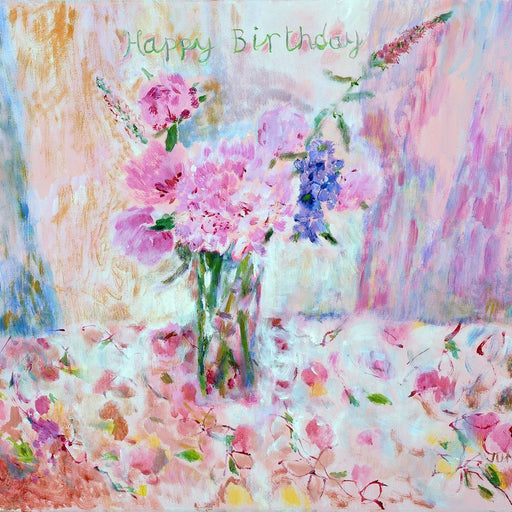 Pretty birthday card for her online at www.judigloverart.com. The card shows pretty pink peonies and happy birthday is written on the front