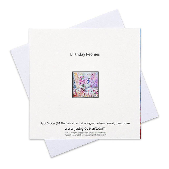 Pretty birthday card by judi glover art. The birthday card for her shows pink peonies from a painting with happy birthday on the front of the card from a collection of artistic cards from Judi Glover Art