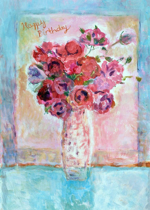 birthday roses card by judi glover art. The beautiful artwork birthday card shows bright red rose flowers in a vase with happy birthday written on the front