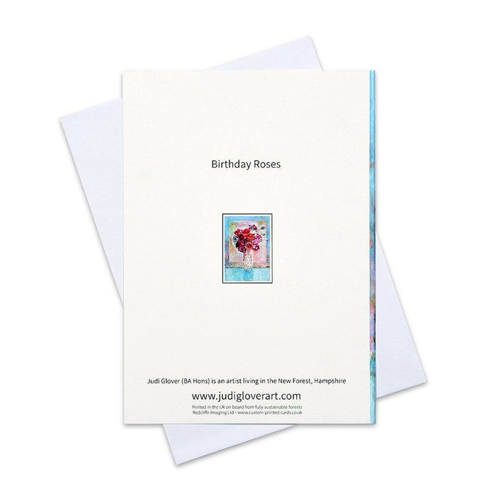 Beautiful birthday card by judi glover art. The artwork birthday card has red roses and happy birthday written on the front