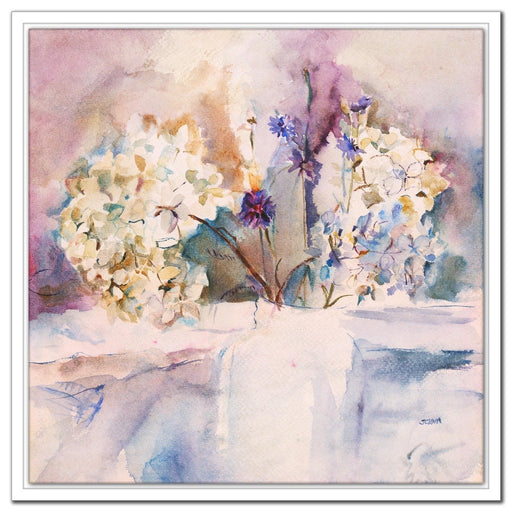 blue hydrangea Canvas Print made from an original watercolour painting of a blue hydrangea. Available as a framed canvas print or stretched canvas print for wall art. Original art by Judi Glover and available at Judi glover art.