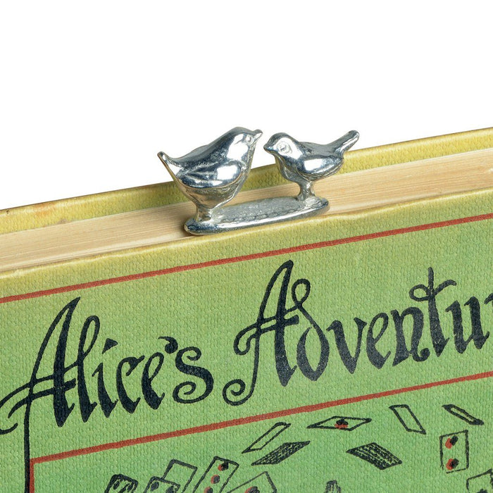 Showing bird lover gifts by Judi Glover Art. The cute bookmarks are sat in an alice in wonderland book.