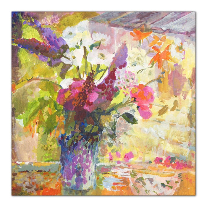 buddleia Canvas Print. Painting of Buddleia, Sweat Peas and Daisies by Judi Glover. Available as a Stretched Canvas Print for wall art at Judy Glover Art.
