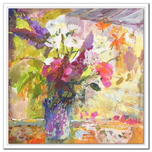 buddleia Canvas Print. Painting of Buddleia, Sweat Peas and Daisies by Judi Glover. Available as a Stretched Canvas Print for wall art at Judy Glover Art.