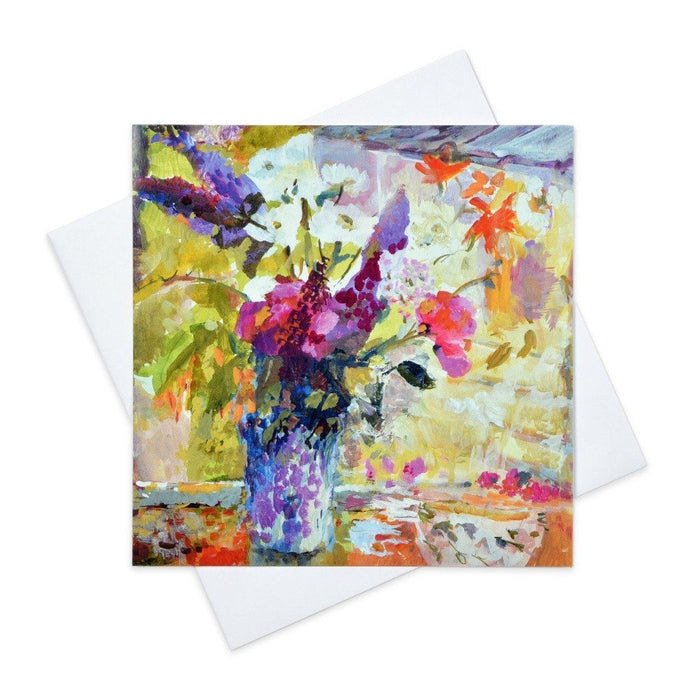 Floral greeting card of sweet peas made from original art in the UK and available from Judi Glover Art. The beautiful card with envelopes measures 6" x 6" and is printed by a fine art accredited printer in the UK and perfect as a birthday card