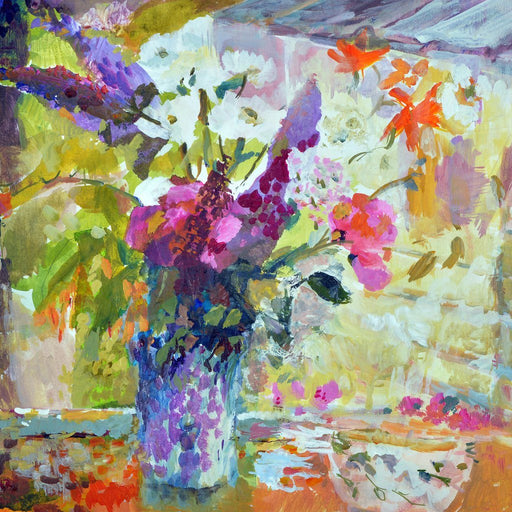 Floral greeting card made from original painting of flowers in a vase by Judi Glover Art. The beautiful card with envelopes has bright flowers including buddleia, sweet peas and daisies and makes a wonderful birthday card like sending a little painting