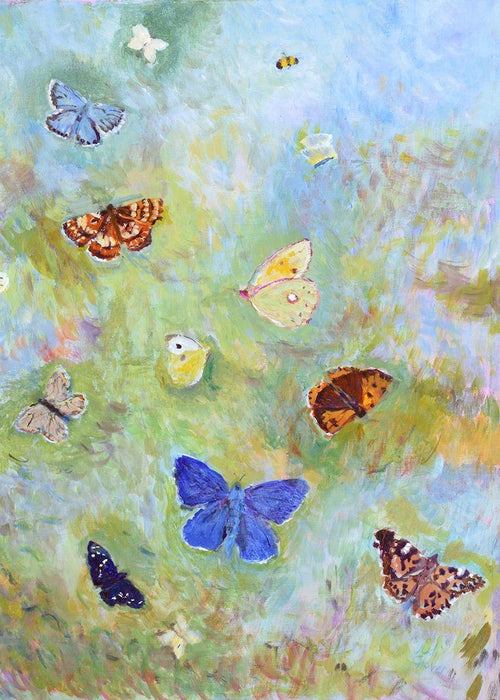 Butterflies card by www.judigloverart.com showing butterflies flying. The artistic card has varied butterflies in different colours and is a blank card