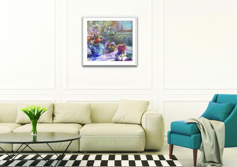 Fine art original still life painting available as an art print. Original painting was made using oil on linen. The painting is of a blue jug with flowers inside and cups on a table by Judi Glover
