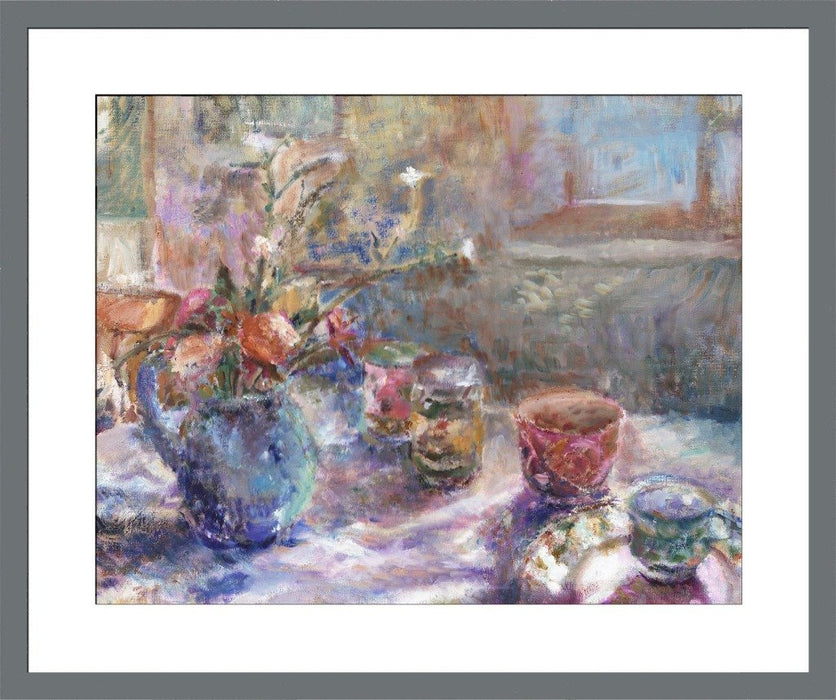 Fine art original still life painting available as an art print. Original painting was made using oil on linen. The painting is of a blue jug with flowers inside and cups on a table by Judi Glover