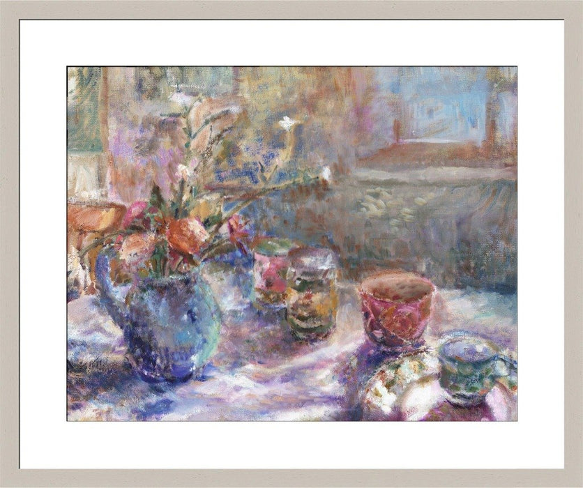 Fine art original still life painting available as an art print. Original painting was made using oil on linen. The painting is of a blue jug with flowers inside and cups on a table by Judi Glover