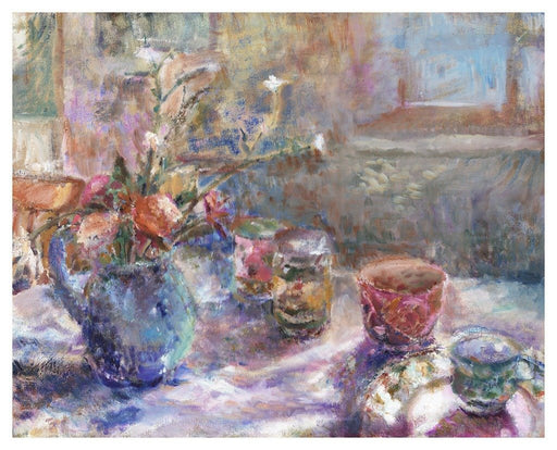 Fine art original still life painting available as an art print. Original painting was made using oil on linen. The painting is of a blue jug with flowers inside and cups on a table by Judi Glover