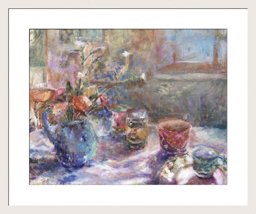 Fine art original still life painting available as an art print. Original painting was made using oil on linen. The painting is of a blue jug with flowers inside and cups on a table by Judi Glover