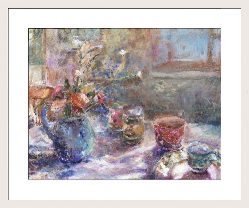 Fine art original still life painting available as an art print. Original painting was made using oil on linen. The painting is of a blue jug with flowers inside and cups on a table by Judi Glover