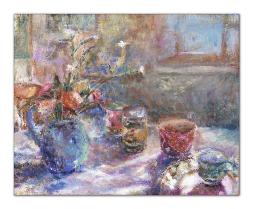 Still life Canvas Print. Canvas Print made from original still life painting of flowers and cups on a table. Canvas Print from original art. Available at Judi Glover Art. Original Painting by Judi Glover. Used for Wall Art.