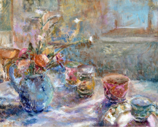 Fine art greeting card showing a still life with a blue jug with flowers inside and cups on a table by Judi Glover Art. The still life card is printed on high quality 300 gsm card