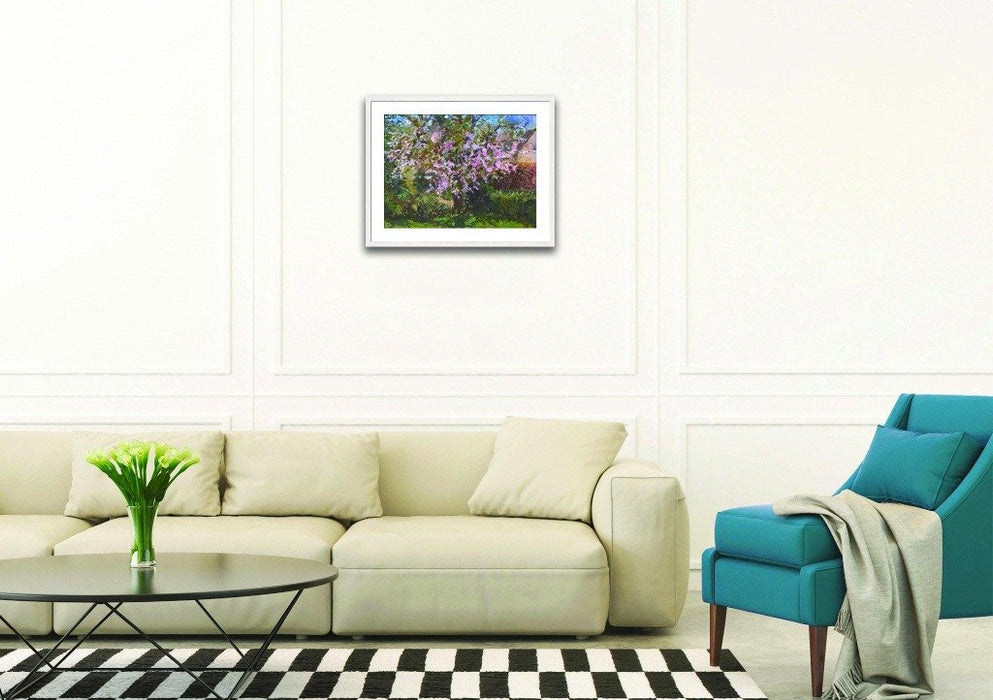 Art Print. Art Print from an original painting of a Cherry Tree. The painting shows a cherry tree in blossom with blooming flowers. Painted by Judi Glover using Oil paints on canvas board.