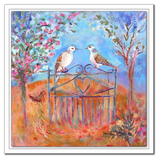 Dove canvas print available at www.judigloverart.com. The dove canvas art shows two doves on a gate in a field with two trees. Each dove canvas is printed from a romantic art painting by Judi Glover