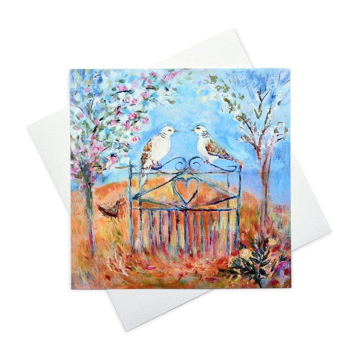 Romantic cards don't come more romantic than this painting of two turtle doves perched under a bower of pink and white blossom. Turtle doves pair for life and are symbols of love, kindness and fidelity making unique Valentines cards, wedding cards or as an anniversary card.