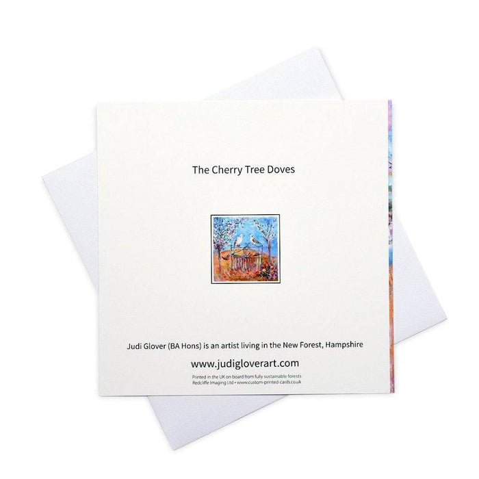 Unique valentines cards by Judi Glover Art that show two turtle doves on a gate symbolising love and fidelity making  one a a collection of romantic cards  from Judi Glover Art.