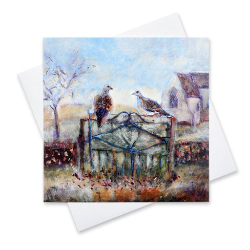 Fine Art Christmas Cards by Judi Glover Art. Art Christmas Cards made from Original Art. The painting of two turtle doves and a little donkey is by Judi Glover Art. The Christmas Card shows two turtle doves on a church gate and a little donkey in a snowy setting.