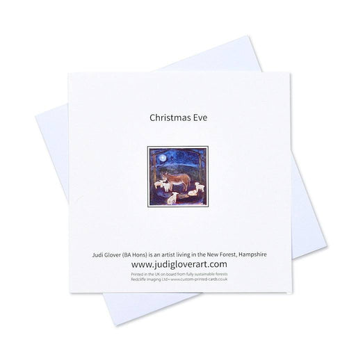 Christmas cards available to buy online at www.judigloverart.com showing a donkey and little lambs on Christmas Eve. The art Christmas cards are in a pack of 6 and are made in the UK from paintings